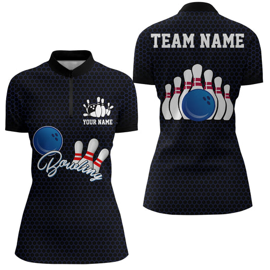 Personalized Bowling Jersey for Women 3D Bowling Team Shirt Black Bowling Quarter-Zip Shirt QZT117