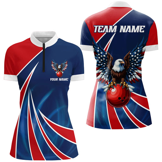 Eagle Bowling Shirts Men Women Personalized 1/4 Zip Bowling Team Jersey Red Blue BDT493