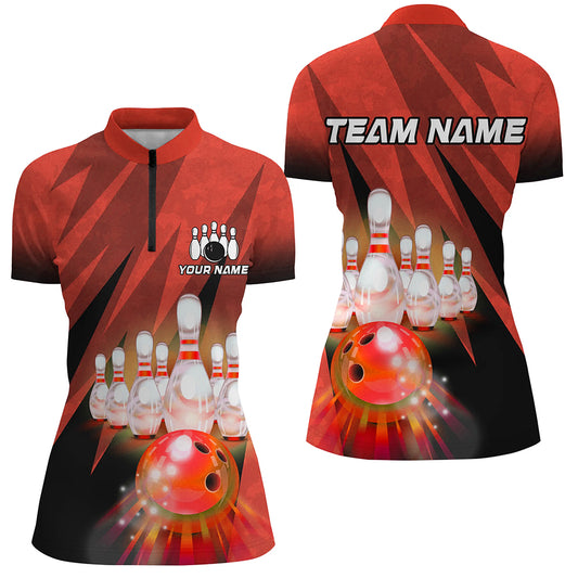 Custom Red Bowling Shirt For Couple 1/4 Zip Bowling Team Jersey Men Women Bowler Gift BDT501