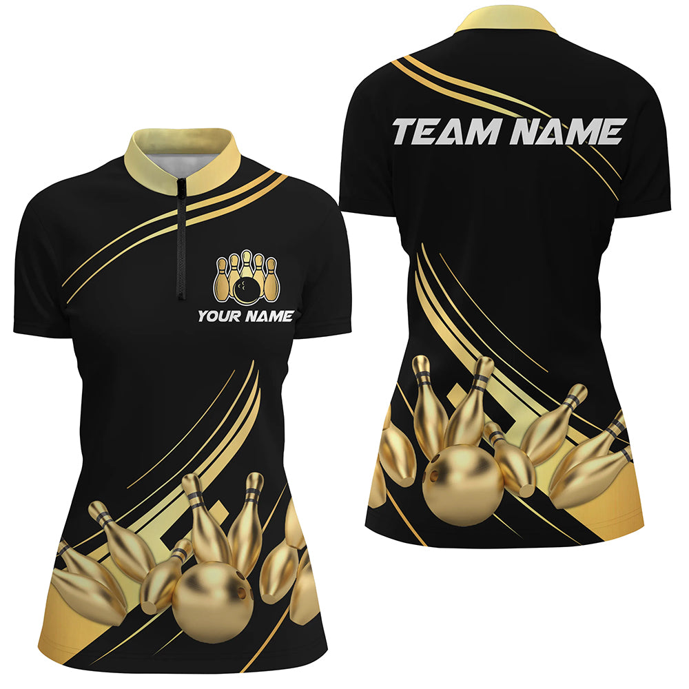 Custom Black&Gold Bowling Shirts Team Bowling Jersey Men And Women Quarter-Zip BDT521