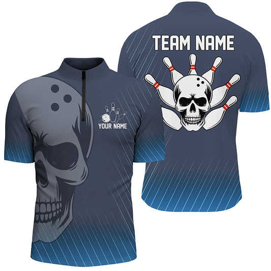 Blue Skull Bowling Shirts Men & Women Custom 1/4 Bowling Team Jersey Unisex BDT484
