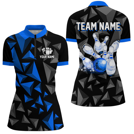 Custom 1/4 Zip Shirts For Men And Women Blue Bowling Team League Jersey Bowler BDT500