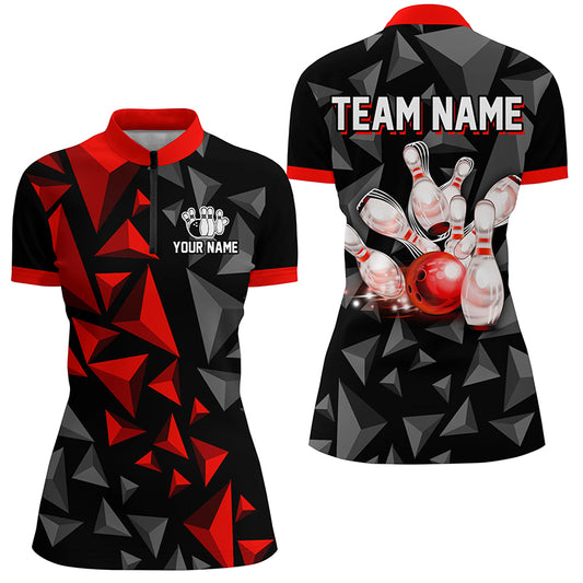 Custom 1/4 Zip Shirts For Men And Women Red Bowling Team League Jersey Bowler BDT500
