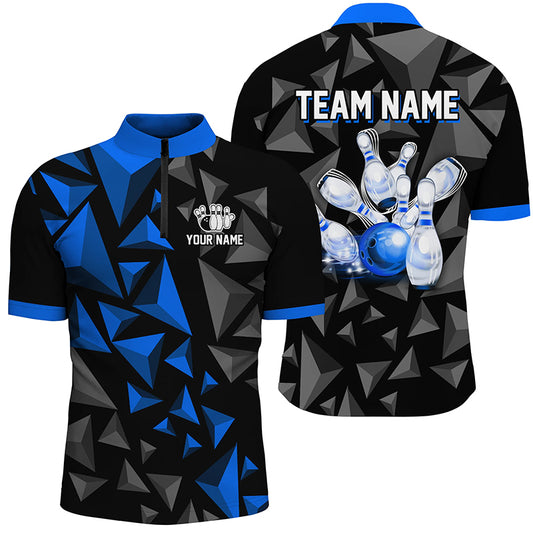 Custom 1/4 Zip Shirts For Men And Women Blue Bowling Team League Jersey Bowler BDT500