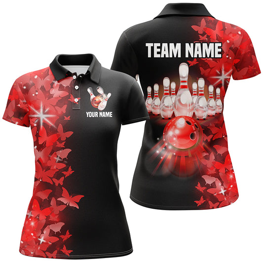 Red Butterfly Bowling Polo Shirts For Men Women Custom Bowling Jersey Team BDT505