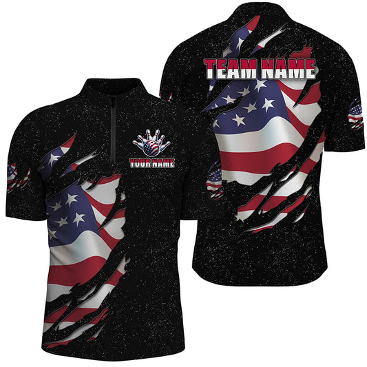Patriotic Bowling Jersey For Couples Custom Black Bowling Shirt Men Women| Quarter-Zip BDT518