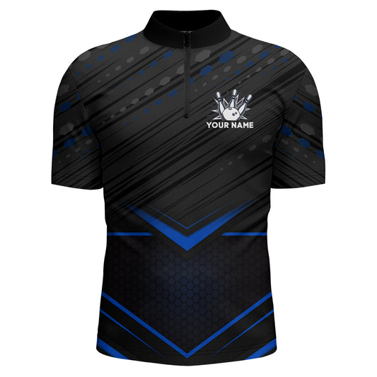 Strike Bowling Shirt for Men Personalized Bowling Jersey Blue&Black Bowling Quarter-Zip Shirt BDT259