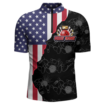 American Bowling Shirt For Men Patriotic Bowling Jersey Team League Bowling Quarter-Zip Shirt BDT313
