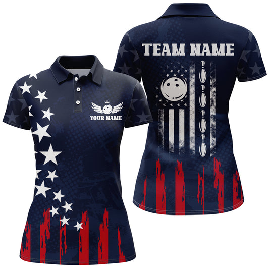 Navy Bowling Polo Shirt Women American Bowling Team Jersey Custom Star Bowling Shirts BDT360