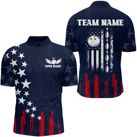 Navy Bowling Quarter-Zip Shirt Men American Bowling Team Jersey Custom Star Bowling Shirts BDT360