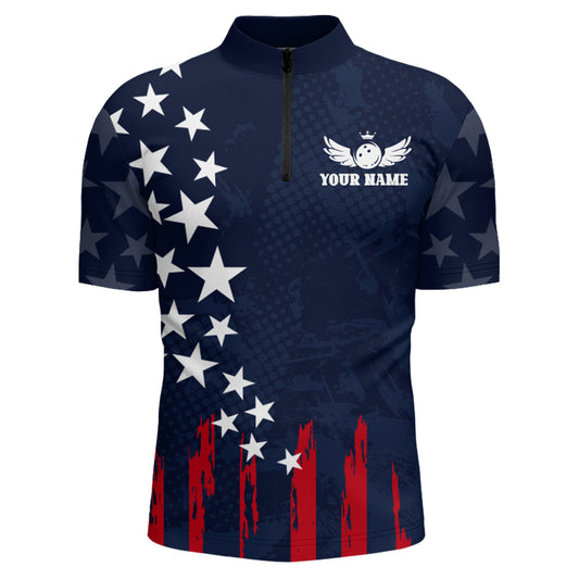 Navy Bowling Quarter-Zip Shirt Men American Bowling Team Jersey Custom Star Bowling Shirts BDT360