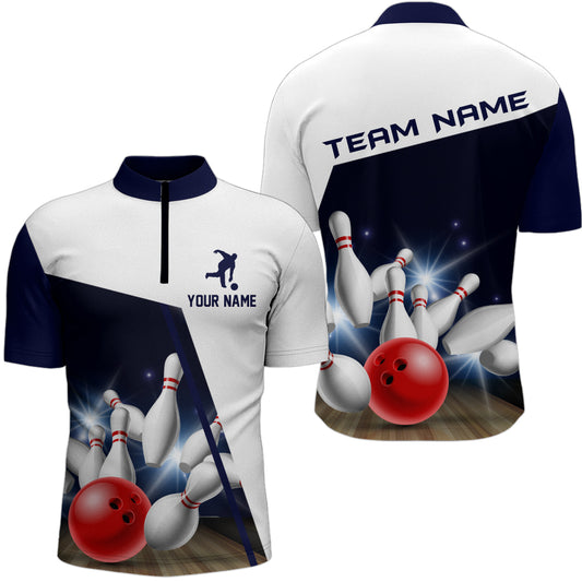 Navy Bowling Quarter-Zip Shirt Men Personalized 3D Bowling Jersey Team League Bowling Shirt BDT283