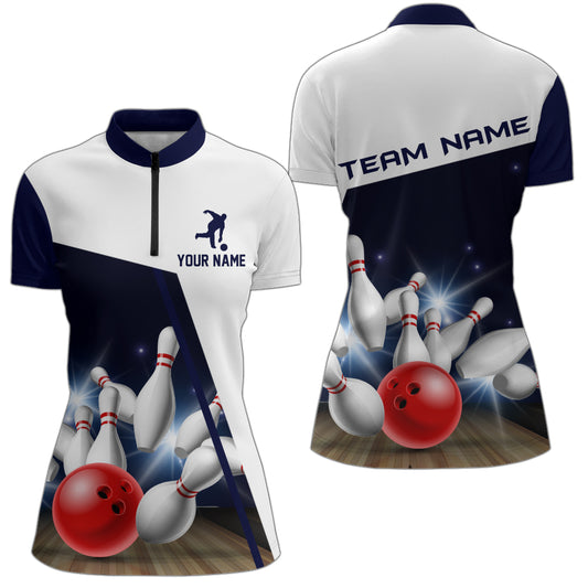 Navy Bowling Quarter-Zip Shirt Women Personalized 3D Bowling Jersey Team League Bowling Shirt BDT283