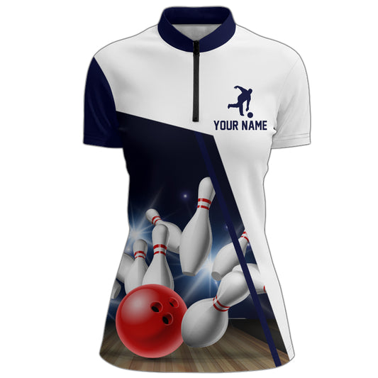 Navy Bowling Quarter-Zip Shirt Women Personalized 3D Bowling Jersey Team League Bowling Shirt BDT283