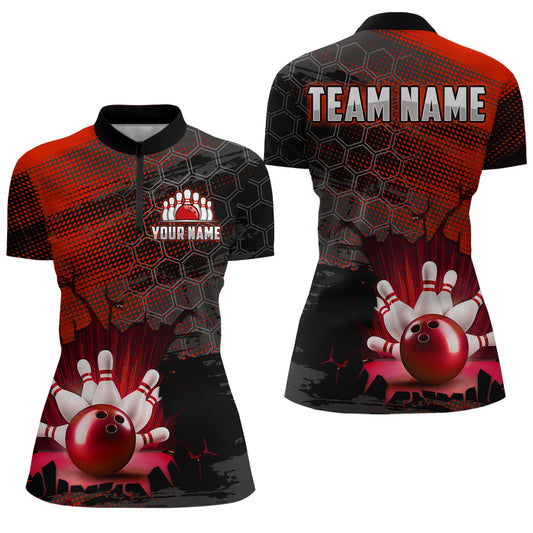 Custom Red Bowling Shirts For Men & Women Bowling Team League Jersey Unisex Quarter-Zip BDT533