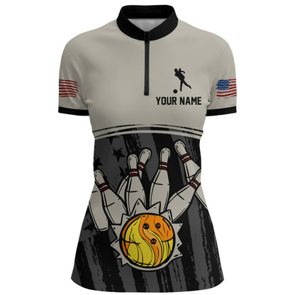 American Flag Bowling Jersey Women Patriotic Bowling Shirt Team League Bowling Quarter-Zip Shirt BDT310