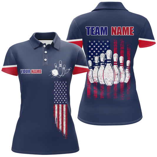 Navy Bowling Polo Shirt For Women Custom American Bowling Team Jersey Patriot Bowling Shirt BDT318