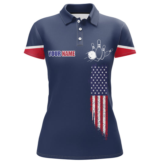Navy Bowling Polo Shirt For Women Custom American Bowling Team Jersey Patriot Bowling Shirt BDT318