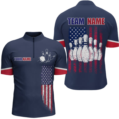 Navy Bowling Quarter-Zip Shirt For Men Custom American Bowling Team Jersey Patriot Bowling Shirt BDT318