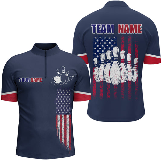 Navy Bowling Quarter-Zip Shirt For Men Custom American Bowling Team Jersey Patriot Bowling Shirt BDT318