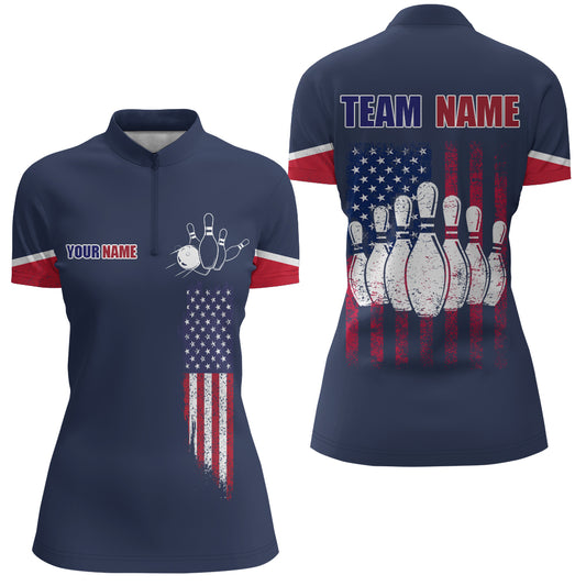 Navy Bowling Quarter-Zip Shirt For Women Custom American Bowling Team Jersey Patriot Bowling Shirt BDT318