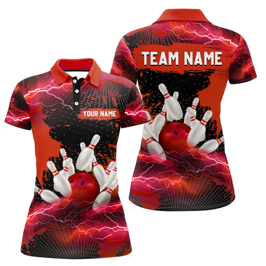 Custom Red Bowling Polo Shirts for Men & Women Lightning Thunder Bowling Team Jerseys BDT455