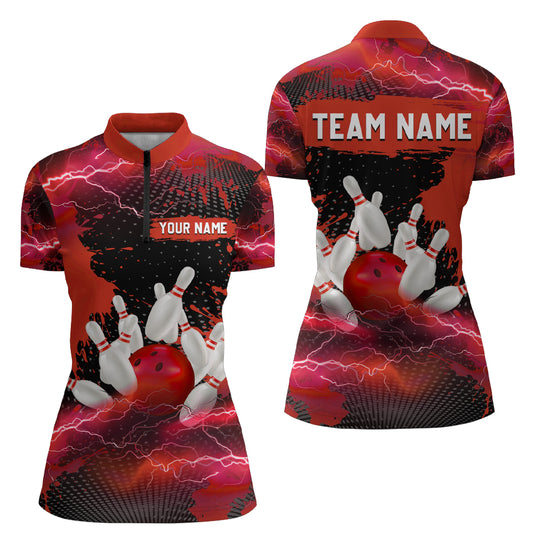 Custom Red Bowling Quarter-Zip Shirts Men & Women Lightning Thunder Bowling Team Jerseys BDT455