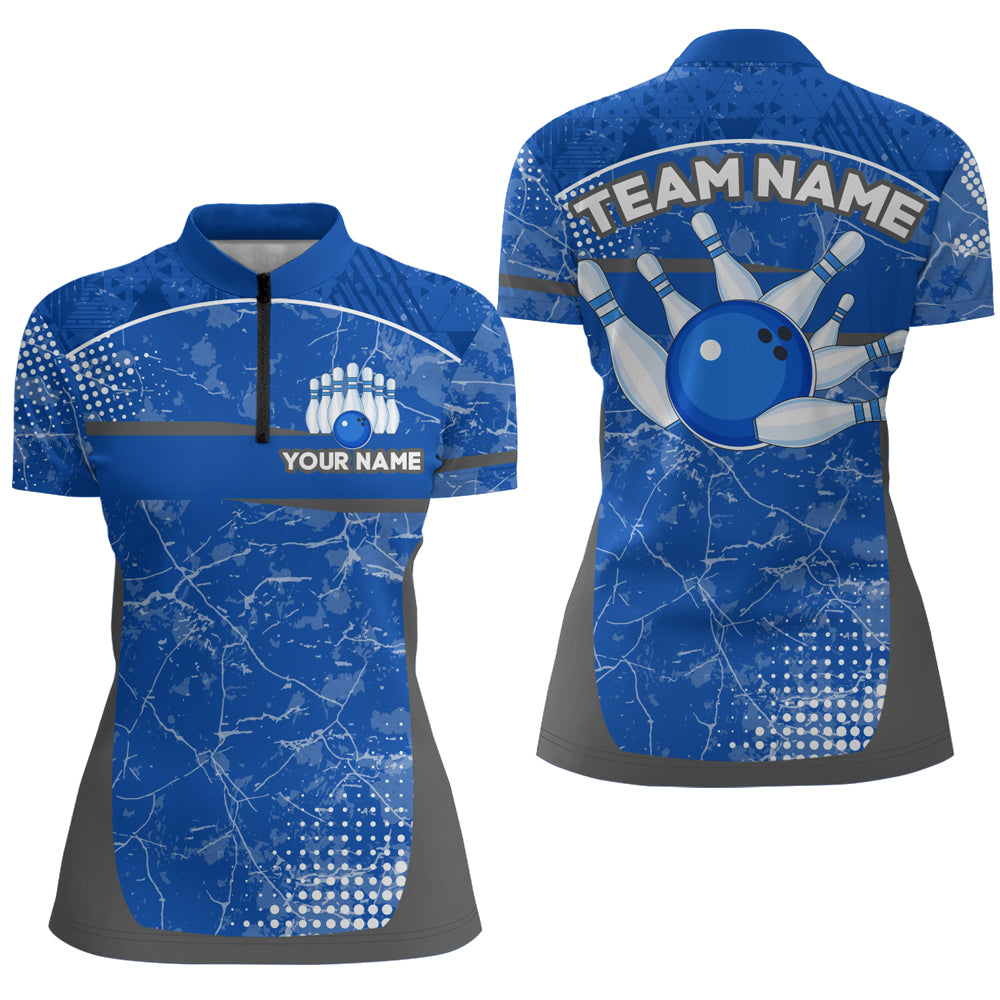 Custom Blue Bowling Shirt For Men & Women Camo Bowling Team Jersey 1/4 Zip Bowling Shirts BDT582