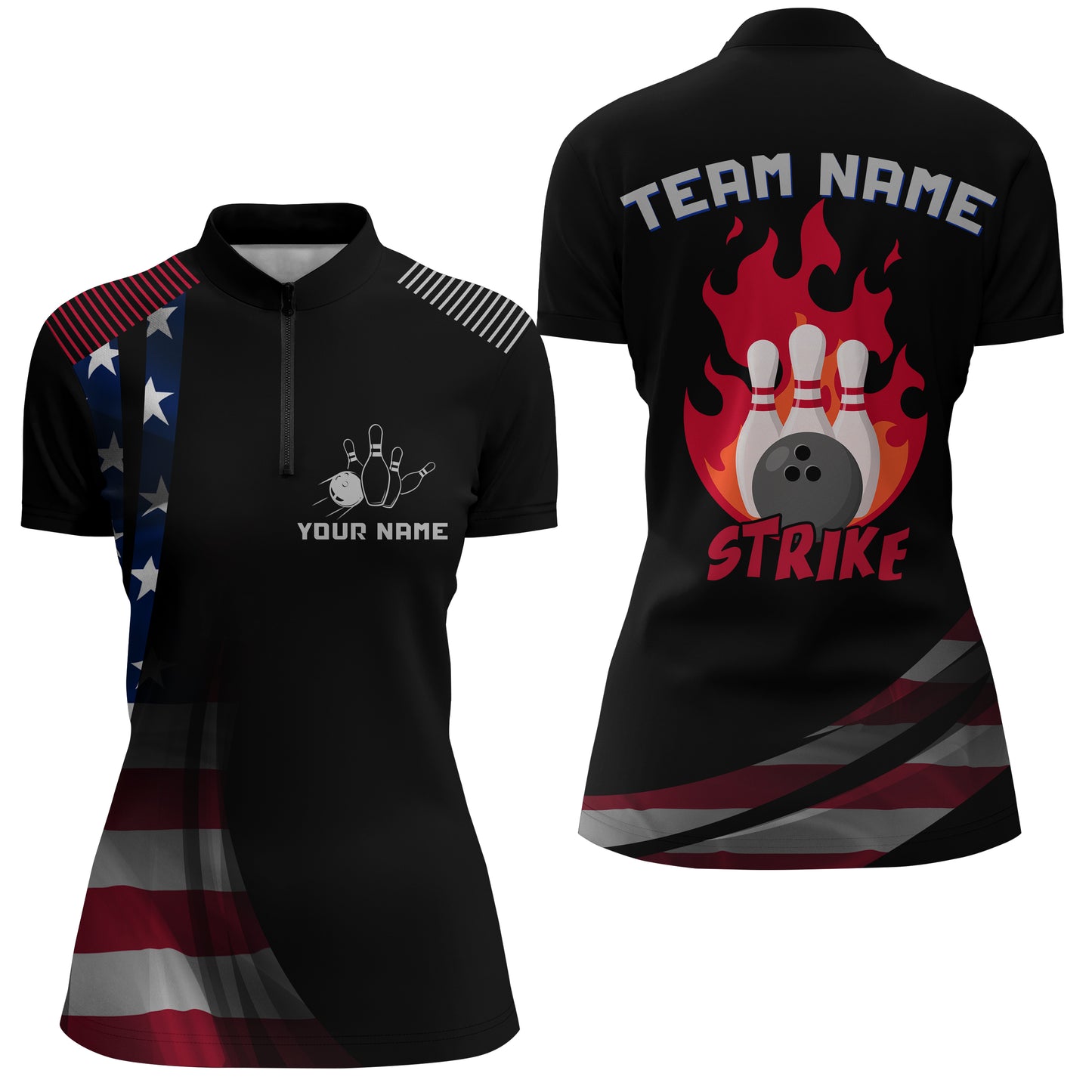 Custom Bowling Quarter-Zip Shirt Women Bowling Team Jersey American Flag Bowling Shirt BDT380