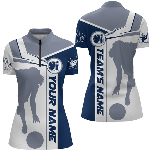 Personalized Navy Bowling Quarter-Zip Shirt For Women Bowling Jersey Team League Bowlers BDT281