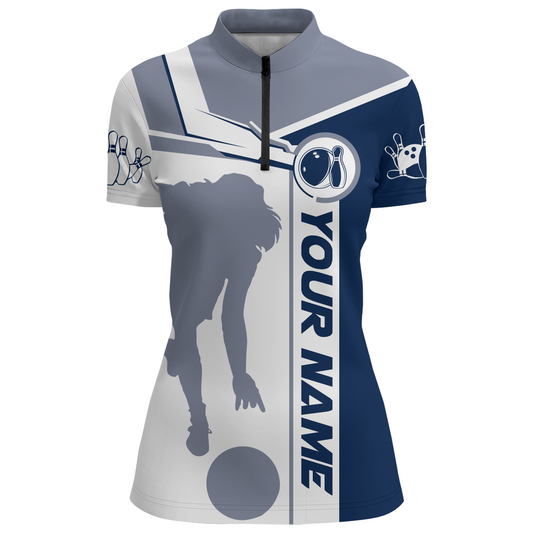 Personalized Navy Bowling Quarter-Zip Shirt For Women Bowling Jersey Team League Bowlers BDT281