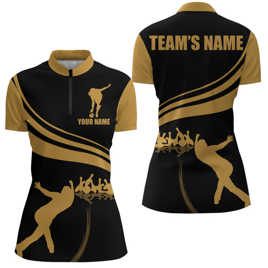 Personalized Bowling Women Quarter-Zip Shirt Black and Gold Bowlers Custom Team Short Sleeves Shirt BDT13