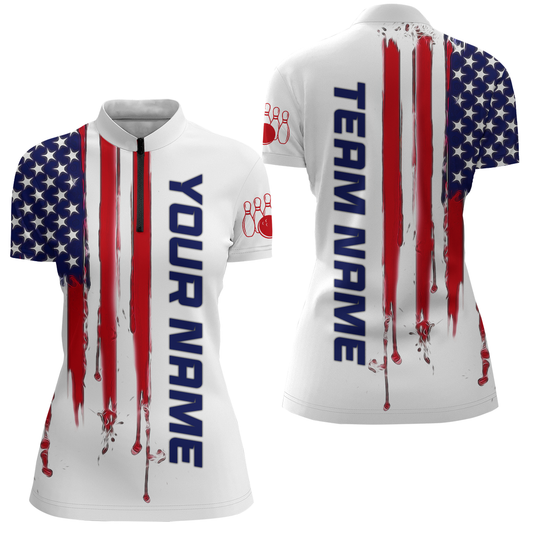 Custom American Bowling 1/4 Zip Shirt For Men Women White Blue Red Bowling Jersey Team BDT517