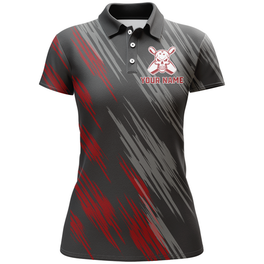 Skull Bowling Polo Shirt For Women Black&Red Bowling Jersey Ladies Bowling Team Shirt BDT157