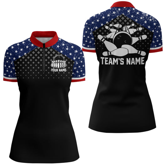 Patriotic Bowling Quarter-Zip Shirt Women Personalized Ladies Bowling Team Jersey USA Bowling Shirt BDT143