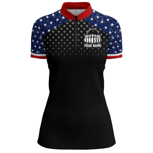 Patriotic Bowling Quarter-Zip Shirt Women Personalized Ladies Bowling Team Jersey USA Bowling Shirt BDT143