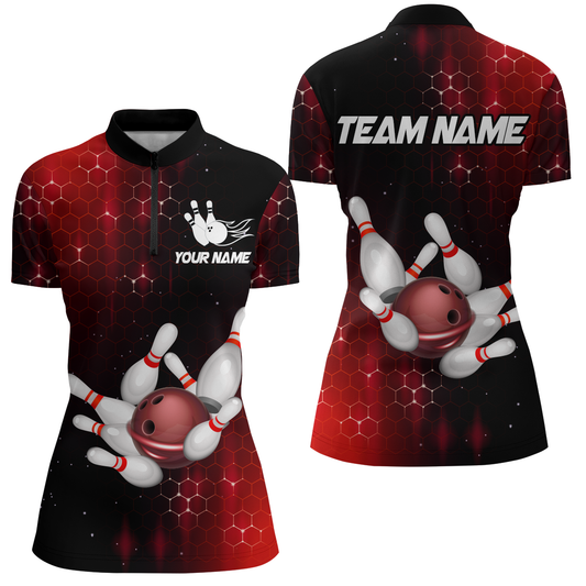 Personalized Red Bowling Shirts Men Women Bowling Team Jersey Custom Bowling 1/4 Zip Shirt BDT488