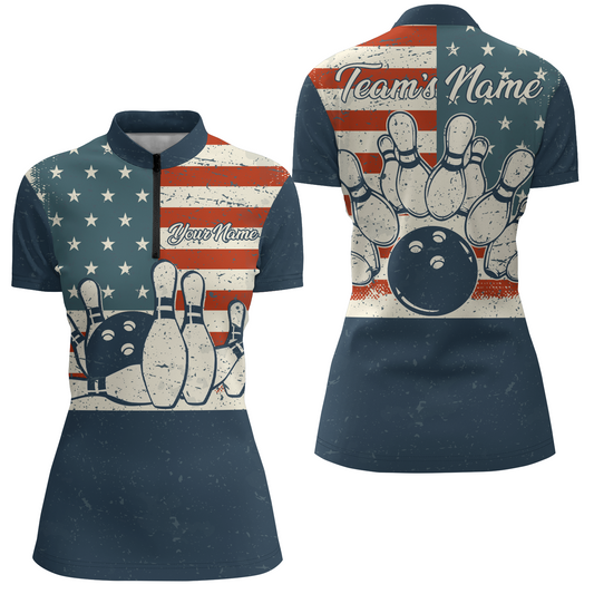 Navy Bowling Shirt Women American Bowling Jersey Team League Custom Bowling Quarter-Zip Shirt BDT279