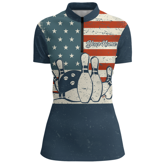 Navy Bowling Shirt Women American Bowling Jersey Team League Custom Bowling Quarter-Zip Shirt BDT279