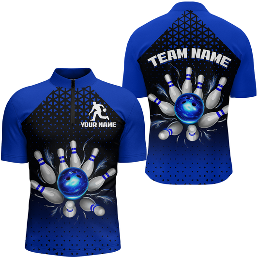 Custom Quarter Zip Bowling Shirts for Men And Women Blue Bowling Team Jerseys Unisex BDT476