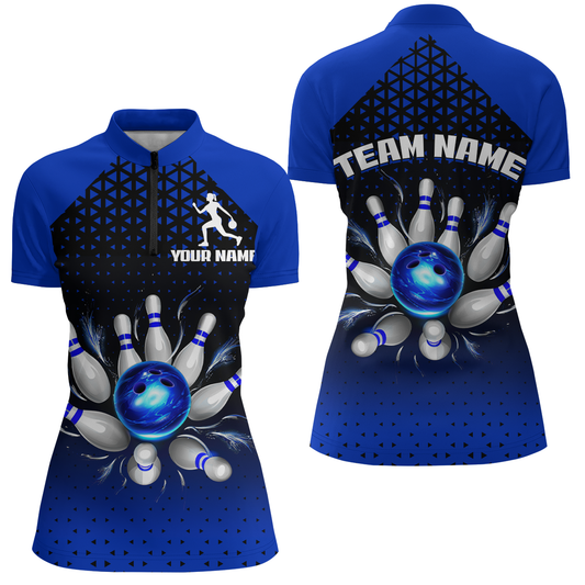 Custom Quarter Zip Bowling Shirts for Men And Women Blue Bowling Team Jerseys Unisex BDT476