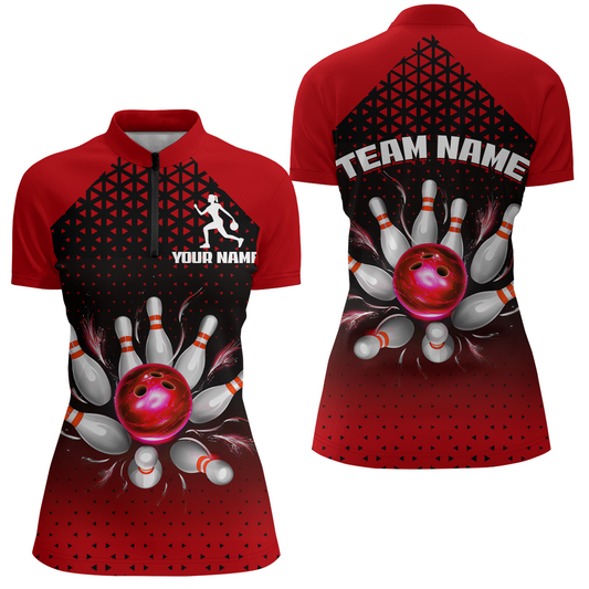 Custom Quarter Zip Bowling Shirts for Men And Women Red Bowling Team Jerseys Unisex BDT476
