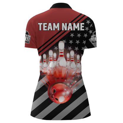 Red&Black Bowling Jersey Women Custom Bowling Shirt American Flag Bowling Quarter-Zip Shirt BDT282