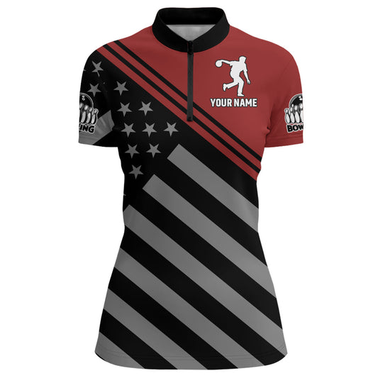 Red&Black Bowling Jersey Women Custom Bowling Shirt American Flag Bowling Quarter-Zip Shirt BDT282