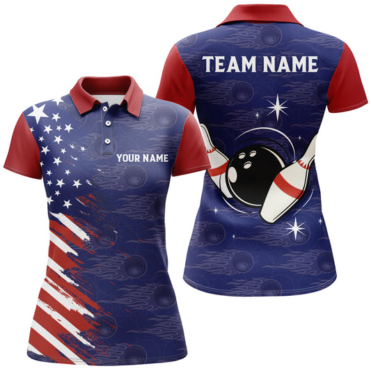 Navy Bowling Polo Shirt Women Custom American Bowling Jersey Seamless Pattern Bowling Shirts BDT319