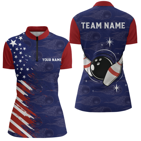 Navy Bowling Quarter-Zip Shirt Women Custom American Bowling Jersey Seamless Pattern Bowling Shirts BDT319