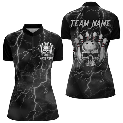 Skull Bowling League Shirt Women Bowling Jersey Team Lightning Thunder Bowling Quarter-Zip Shirt BDT335