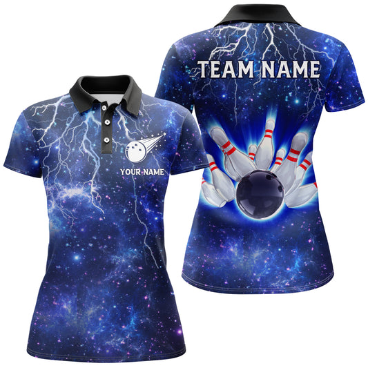 Custom Navy Bowling Polo Shirt For Women Lightning Thunder Bowling Jersey Team League BDT331