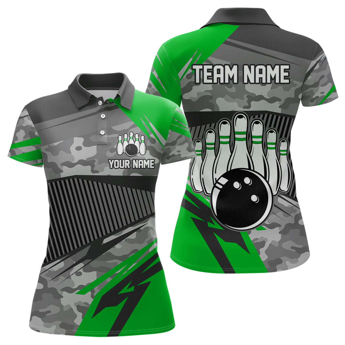 Green Camo Bowling Shirts for Women Men Custom Team Bowling Polo & 1/4 Zip Shirt MBL61