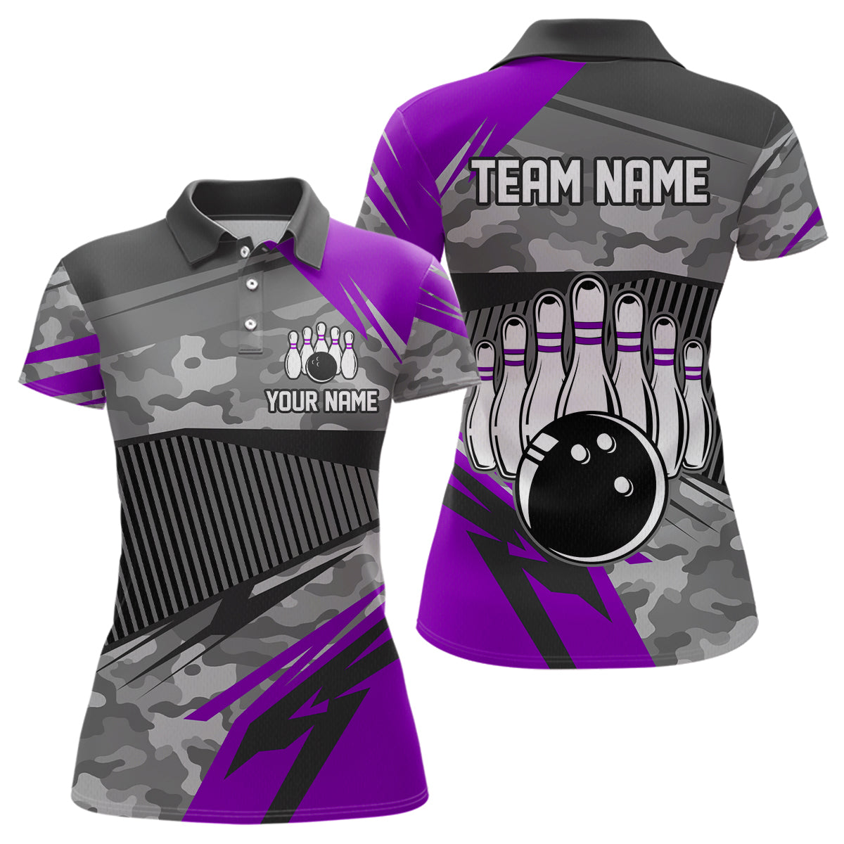 Purple Camo Bowling Shirts for Women Men Custom Team Bowling Polo & 1/4 Zip Shirt MBL61